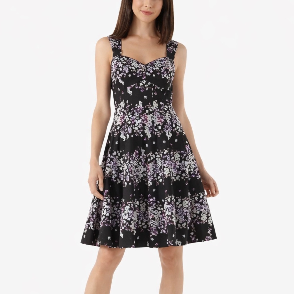 White House Black Market Black Purple Floral Fit Flare Dress Sleeveless Chic 8